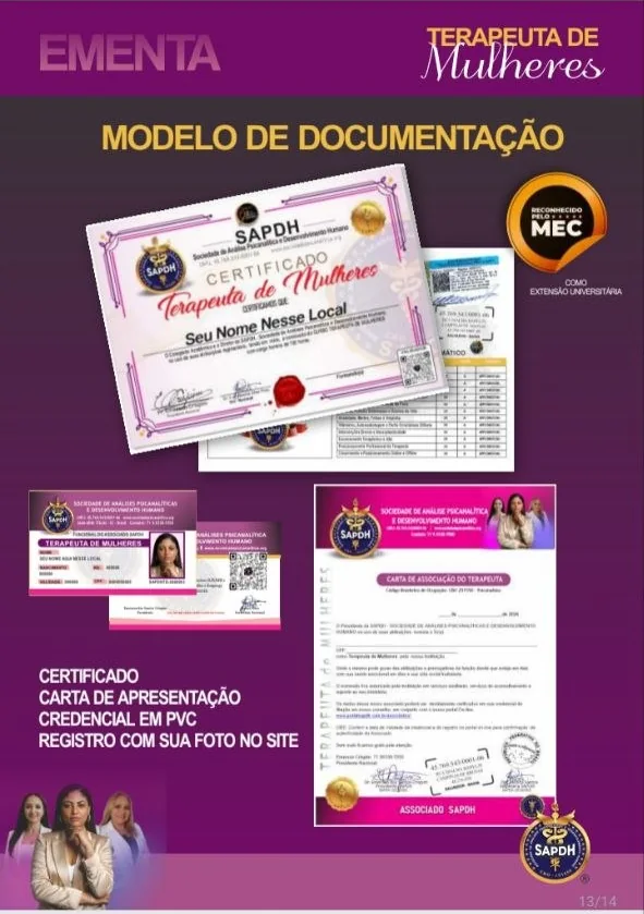 Modelo da documentação SAPDH com certificado de Terapeuta de Mulheres, credencial, carta de associação e registro institucional no site.