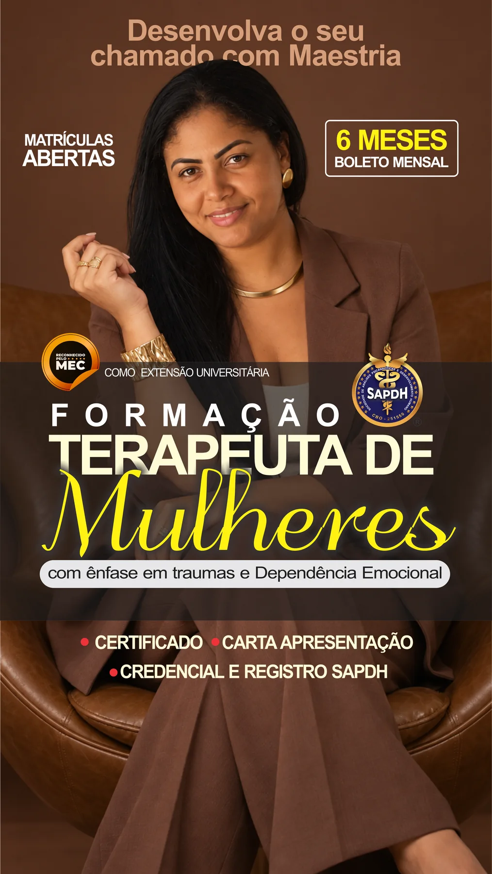 Arte de apresentação da formação especializada no universo emocional feminino.