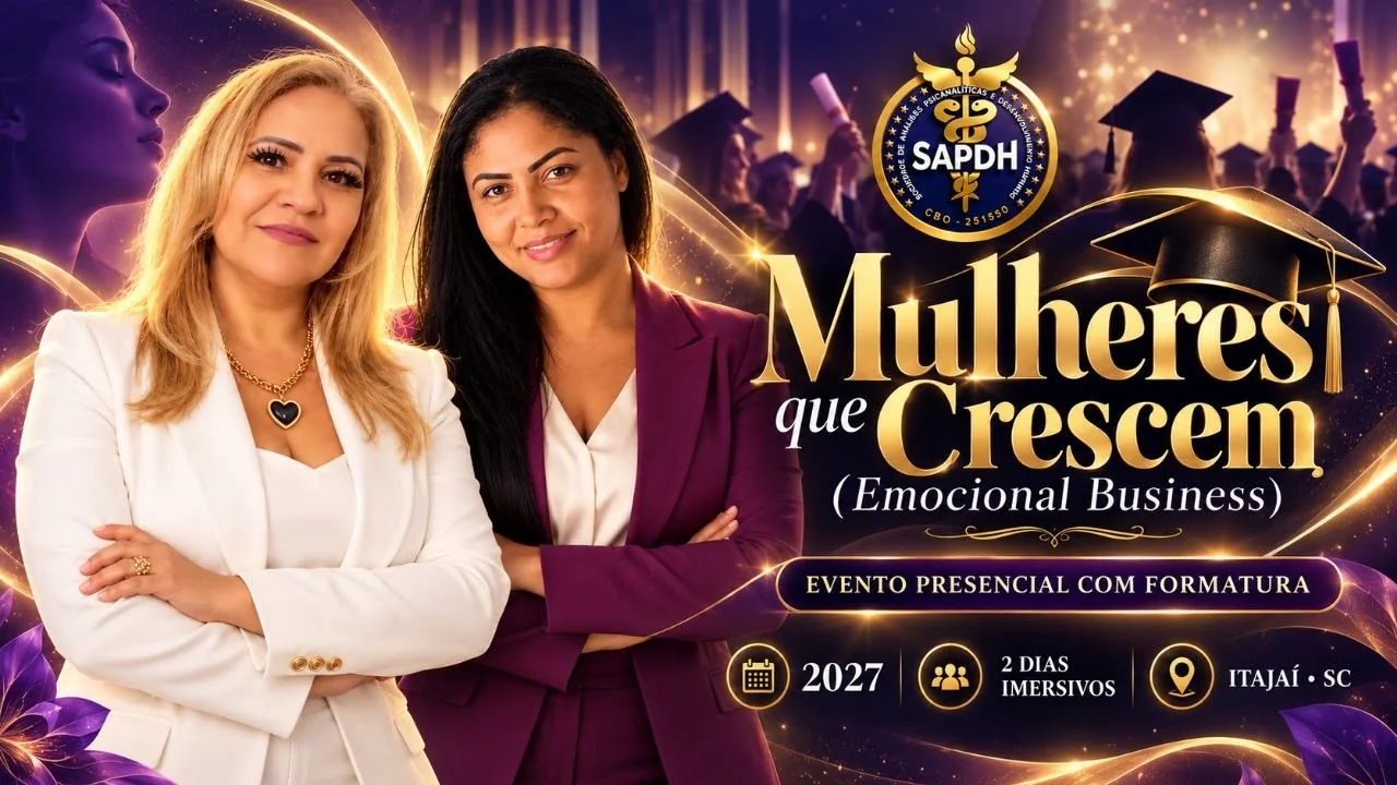 Arte do evento Mulheres que Crescem, Emocional Business, evento presencial com formatura em Itajaí, Santa Catarina.